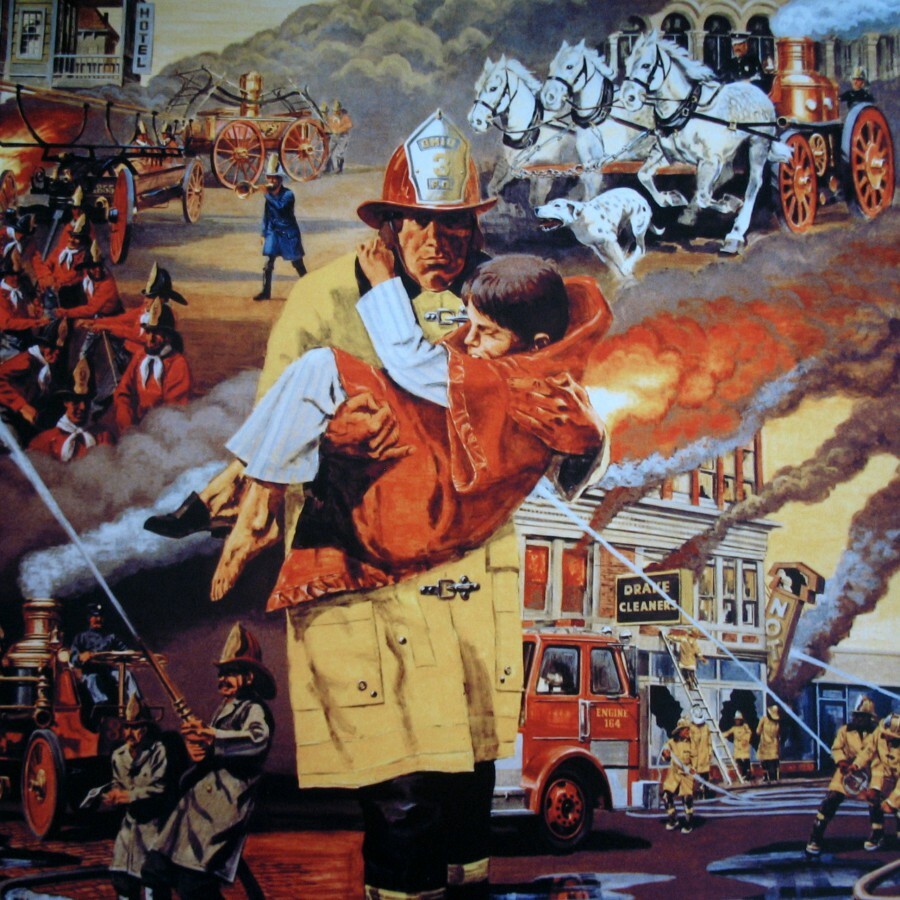 fireman carrying child and firemen fighting fires