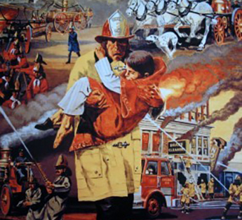 firefighter carrying kid with fire scenes behind
